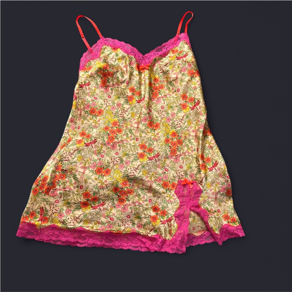 Victoria’s Secret yellow and pink floral lace slip dress with lace trim